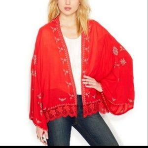 Free People Red Orange Embroidered Lace Kimono M